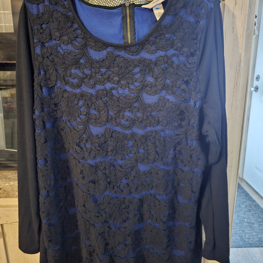 CJ Banks Black and Blue Lace Blouse